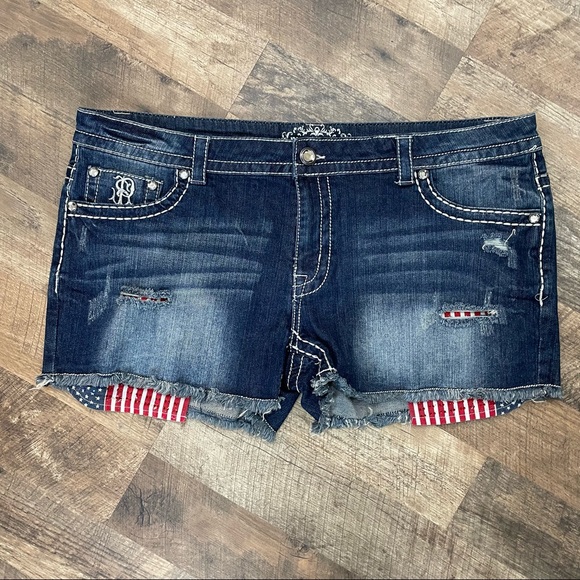 Paisley Sky Peek-a-Boo Patriotic Pockets on Distressed Denim Shorts - Picture 1 of 10